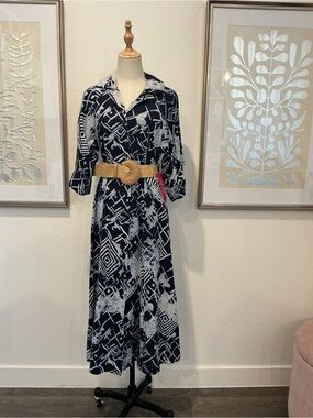 #133 Donna Karan Navy and White Abstract Print linen blend Maxi Dress